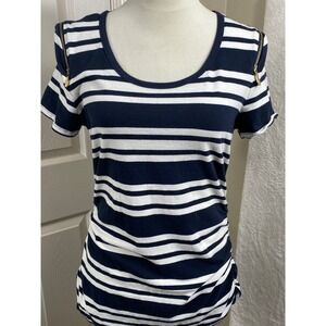 Michael Kors Striped T-Shirt Gold‎ Zipper Detail Short Sleeve Top Large Nautical